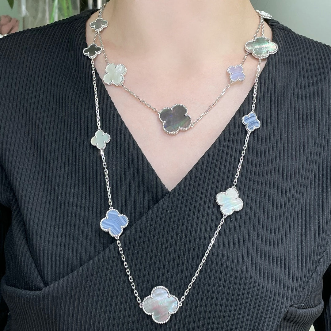 [Super CiCi ]CLOVER 16 MOTIF CHALCEDONY MOP SILVER NECKLACE