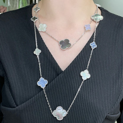 [Super CiCi ]CLOVER 16 MOTIF CHALCEDONY MOP SILVER NECKLACE