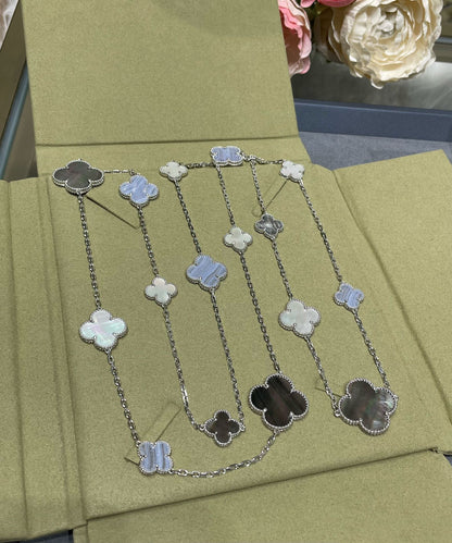 [Super CiCi ]CLOVER 16 MOTIF CHALCEDONY MOP SILVER NECKLACE