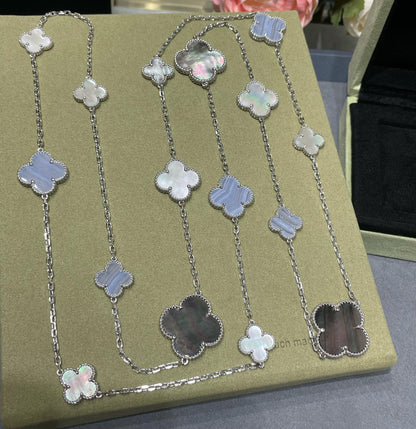 [Super CiCi ]CLOVER 16 MOTIF CHALCEDONY MOP SILVER NECKLACE