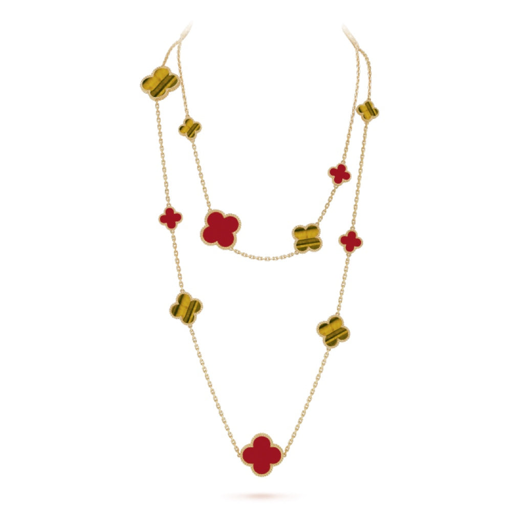 [Super CiCi ]CLOVER 16 MOTIF CARNELIAN TIGER EYE ROSE GOLD NECKLACE