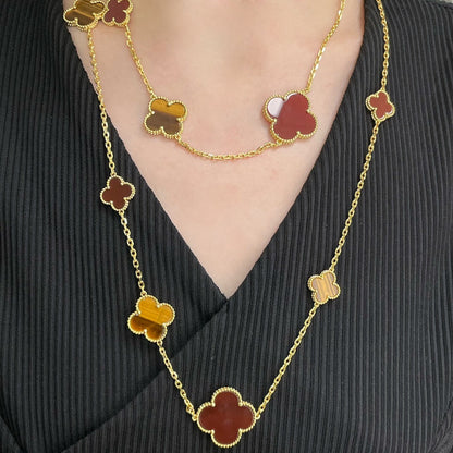 [Super CiCi ]CLOVER 16 MOTIF CARNELIAN TIGER EYE ROSE GOLD NECKLACE
