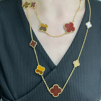 [Super CiCi ]CLOVER 16 MOTIF CARNELIAN TIGER EYE ROSE GOLD NECKLACE