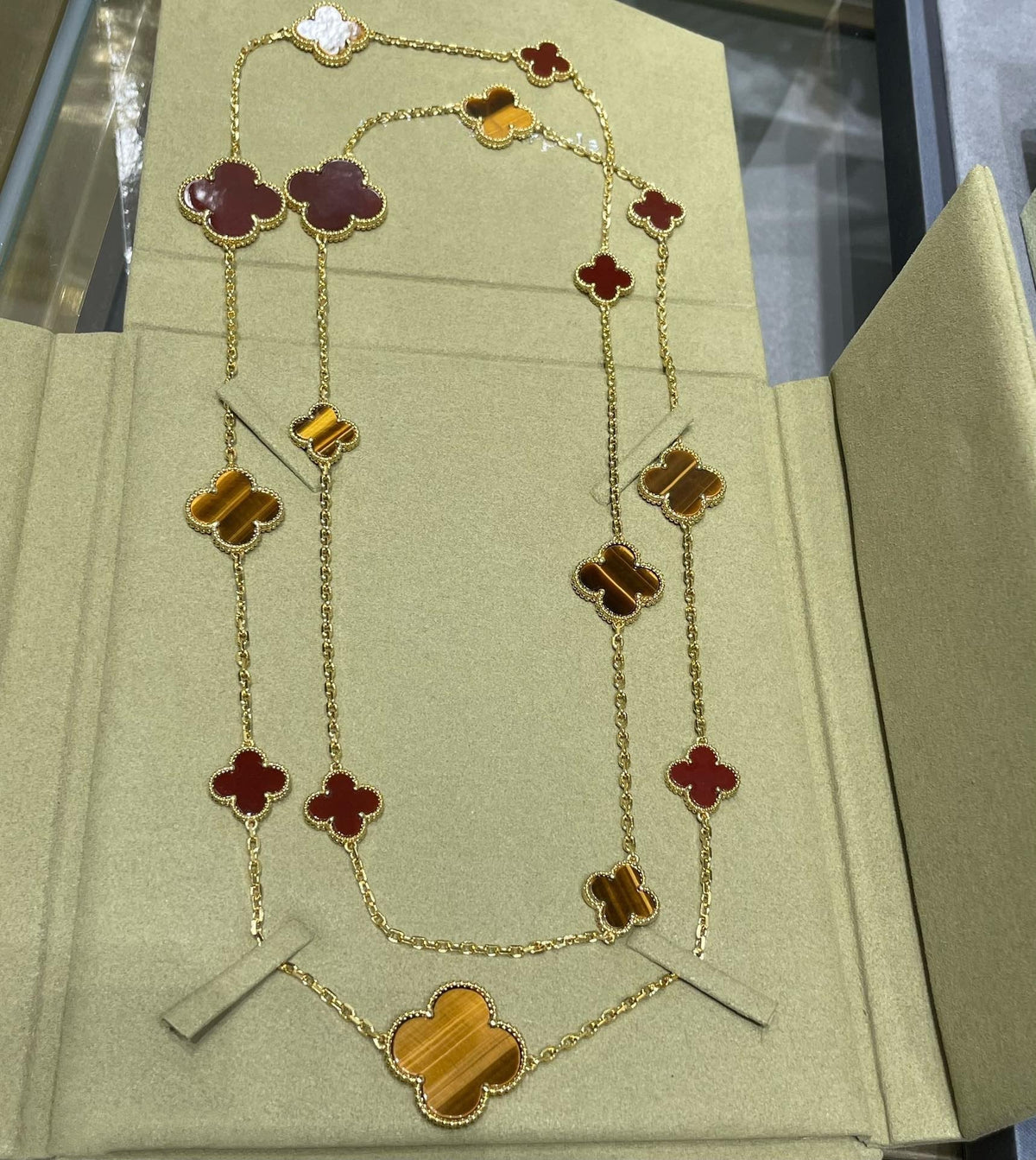 [Super CiCi ]CLOVER 16 MOTIF CARNELIAN TIGER EYE ROSE GOLD NECKLACE