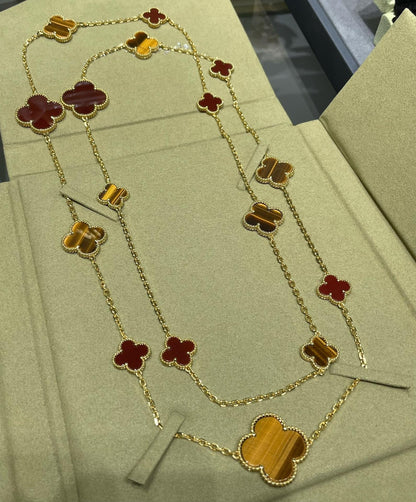 [Super CiCi ]CLOVER 16 MOTIF CARNELIAN TIGER EYE ROSE GOLD NECKLACE