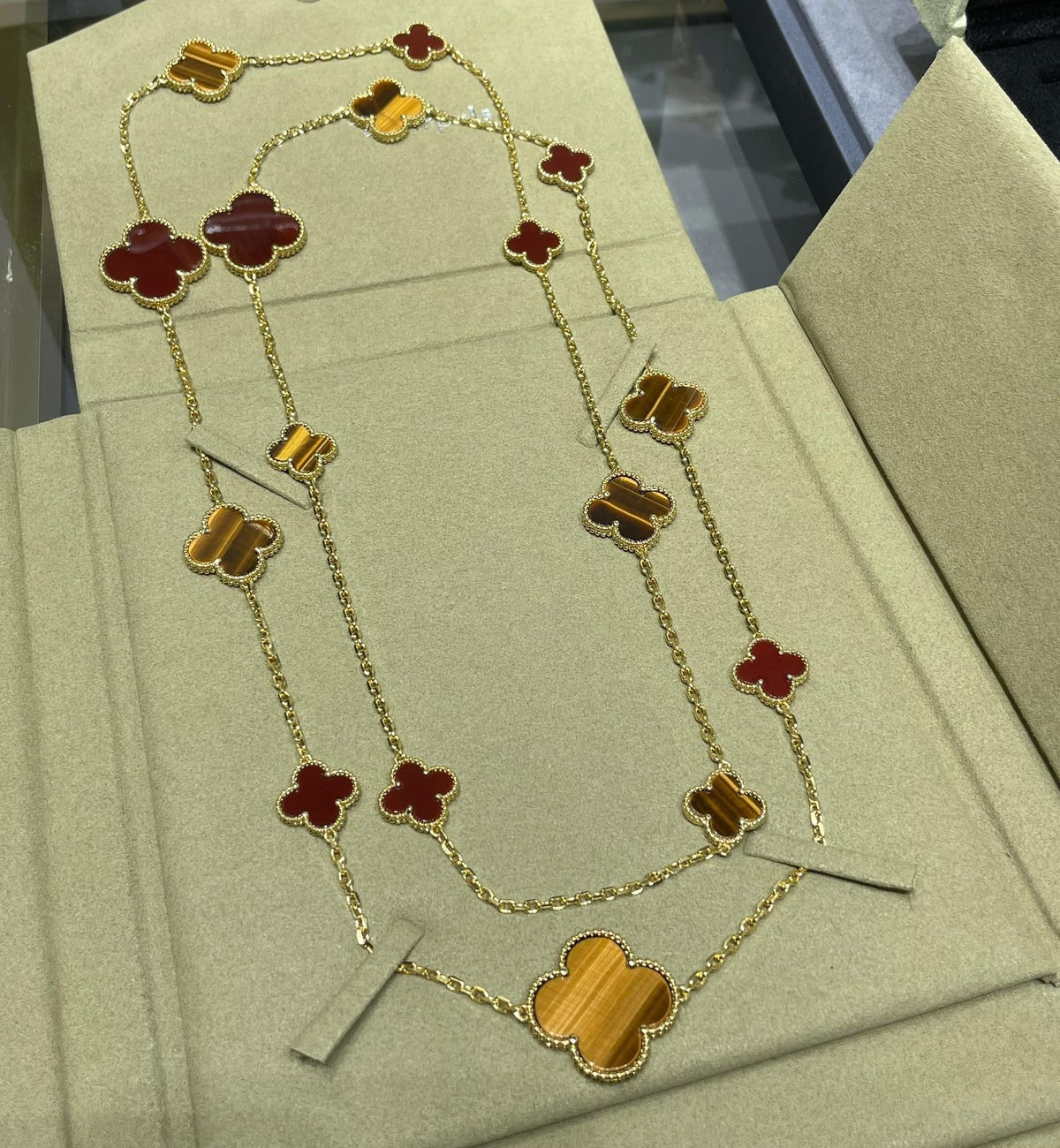 [Super CiCi ]CLOVER 16 MOTIF CARNELIAN TIGER EYE ROSE GOLD NECKLACE