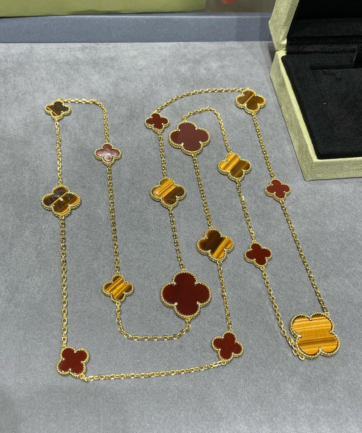 [Super CiCi ]CLOVER 16 MOTIF CARNELIAN TIGER EYE ROSE GOLD NECKLACE
