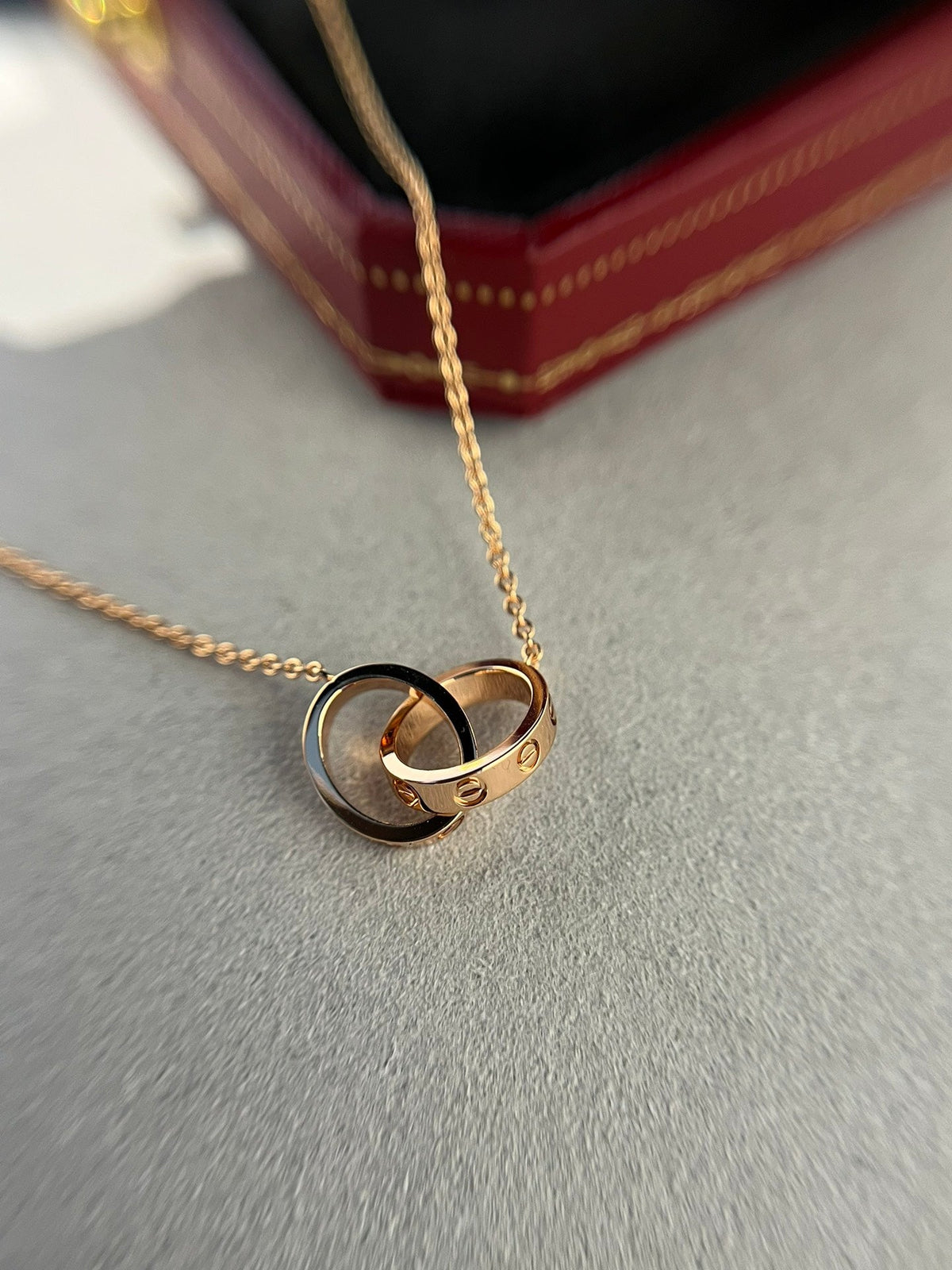 [Super CiCi ]LOVE NECKLACE DOUBLE RING PINK GOLD