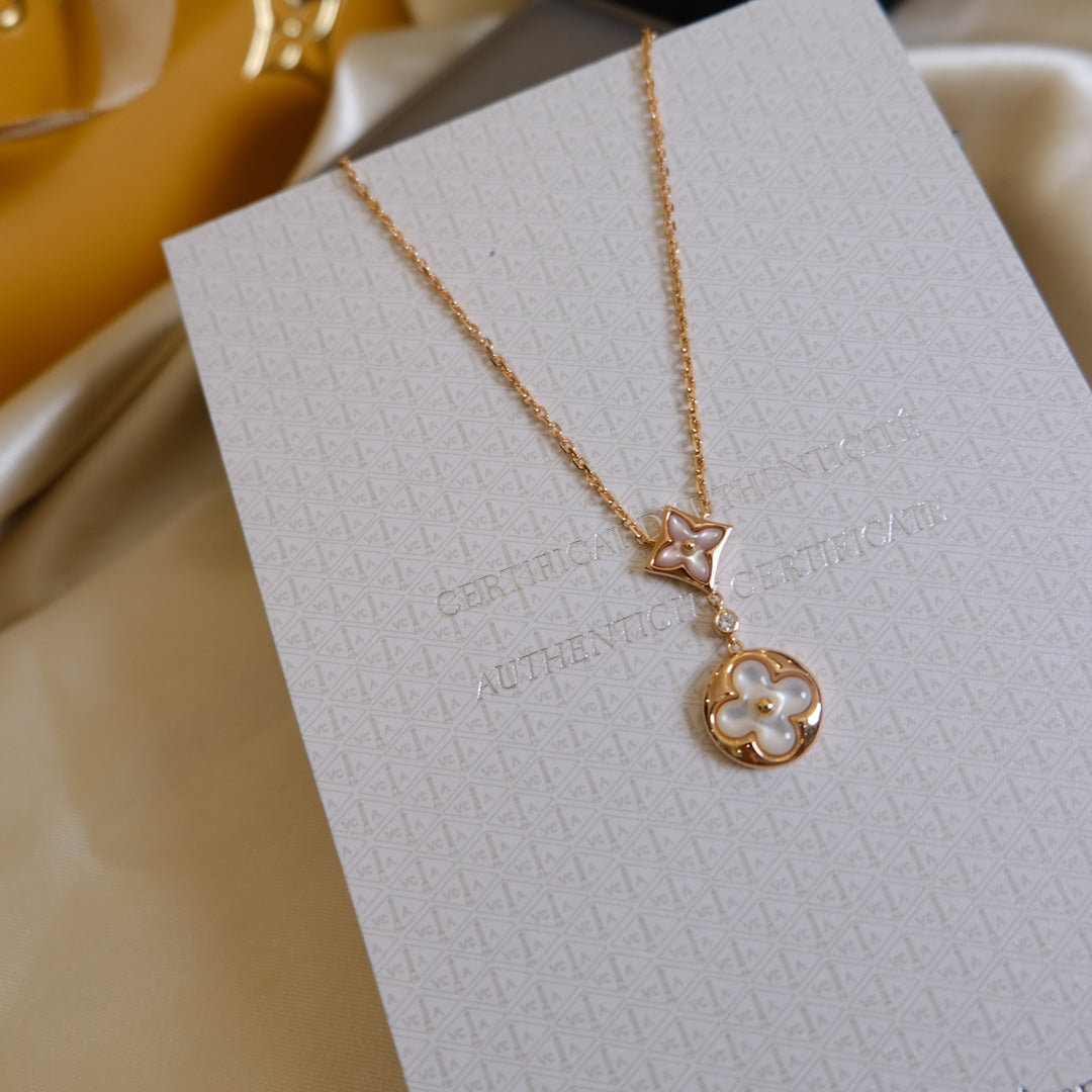 [Super CiCi ]STAR AND SUN WHITE MOP 2 MOTIF PINK GOLD NECKLACE