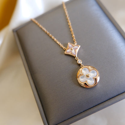 [Super CiCi ]STAR AND SUN WHITE MOP 2 MOTIF PINK GOLD NECKLACE