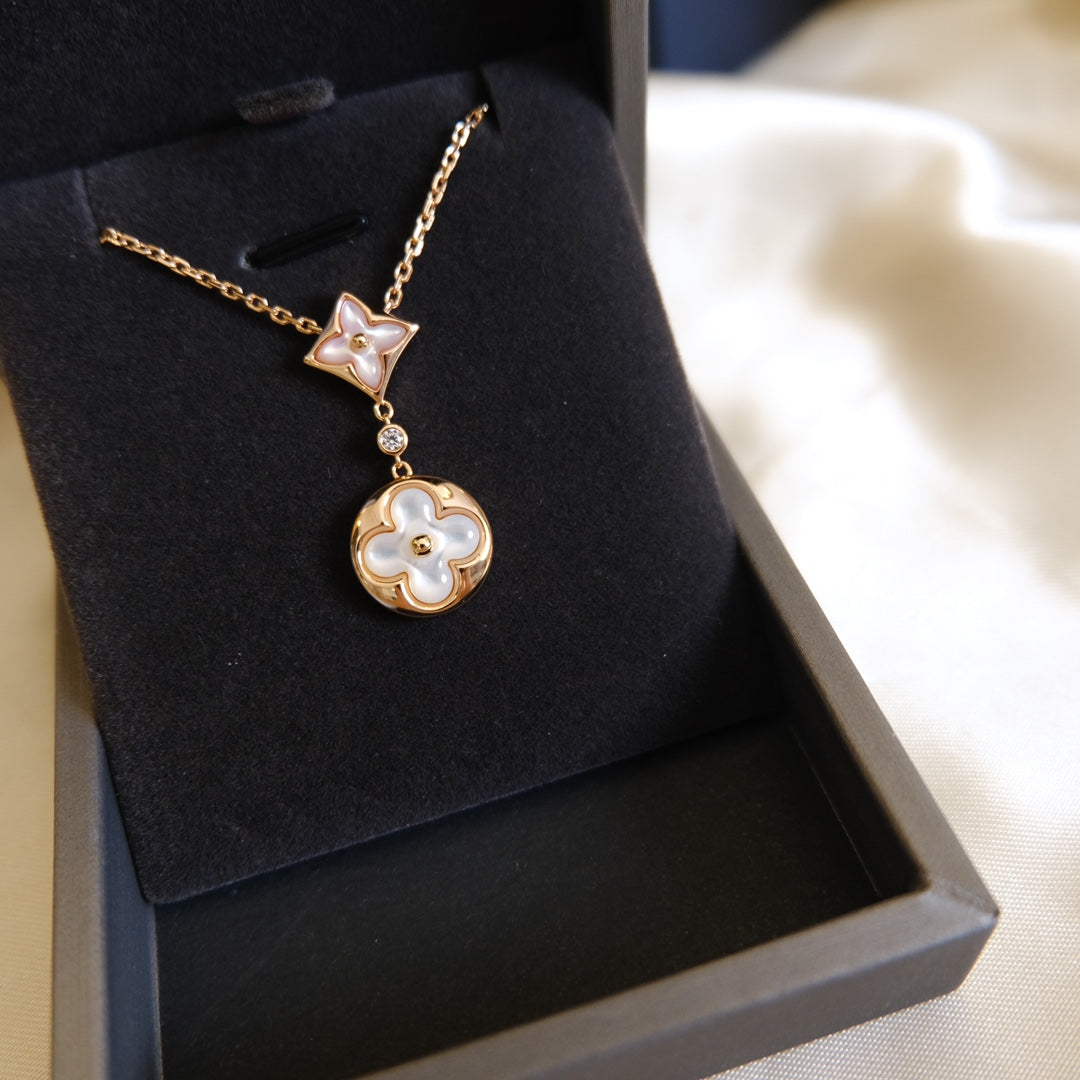 [Super CiCi ]STAR AND SUN WHITE MOP 2 MOTIF PINK GOLD NECKLACE