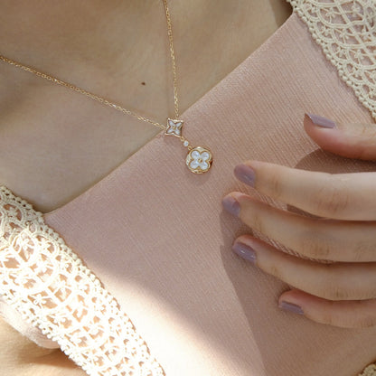 [Super CiCi ]STAR AND SUN WHITE MOP 2 MOTIF PINK GOLD NECKLACE