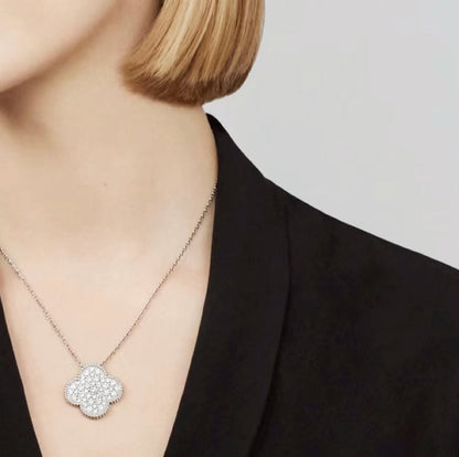 [Super CiCi ]CLOVER 25MM LARGE PENDANT DIAMOND PAVED SILVER NECKLACE