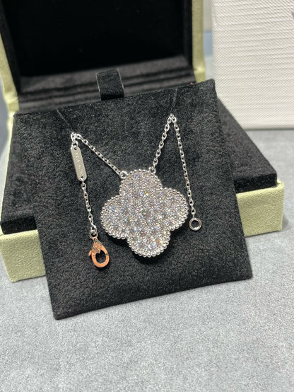 [Super CiCi ]CLOVER 25MM LARGE PENDANT DIAMOND PAVED SILVER NECKLACE