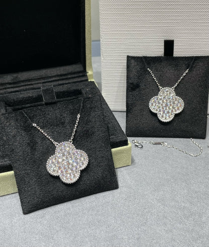 [Super CiCi ]CLOVER 25MM LARGE PENDANT DIAMOND PAVED SILVER NECKLACE