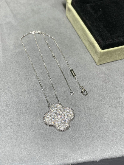 [Super CiCi ]CLOVER 25MM LARGE PENDANT DIAMOND PAVED SILVER NECKLACE