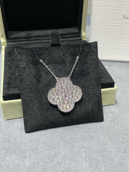[Super CiCi ]CLOVER 25MM LARGE PENDANT DIAMOND PAVED SILVER NECKLACE