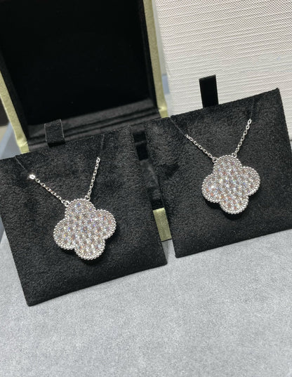 [Super CiCi ]CLOVER 25MM LARGE PENDANT DIAMOND PAVED SILVER NECKLACE