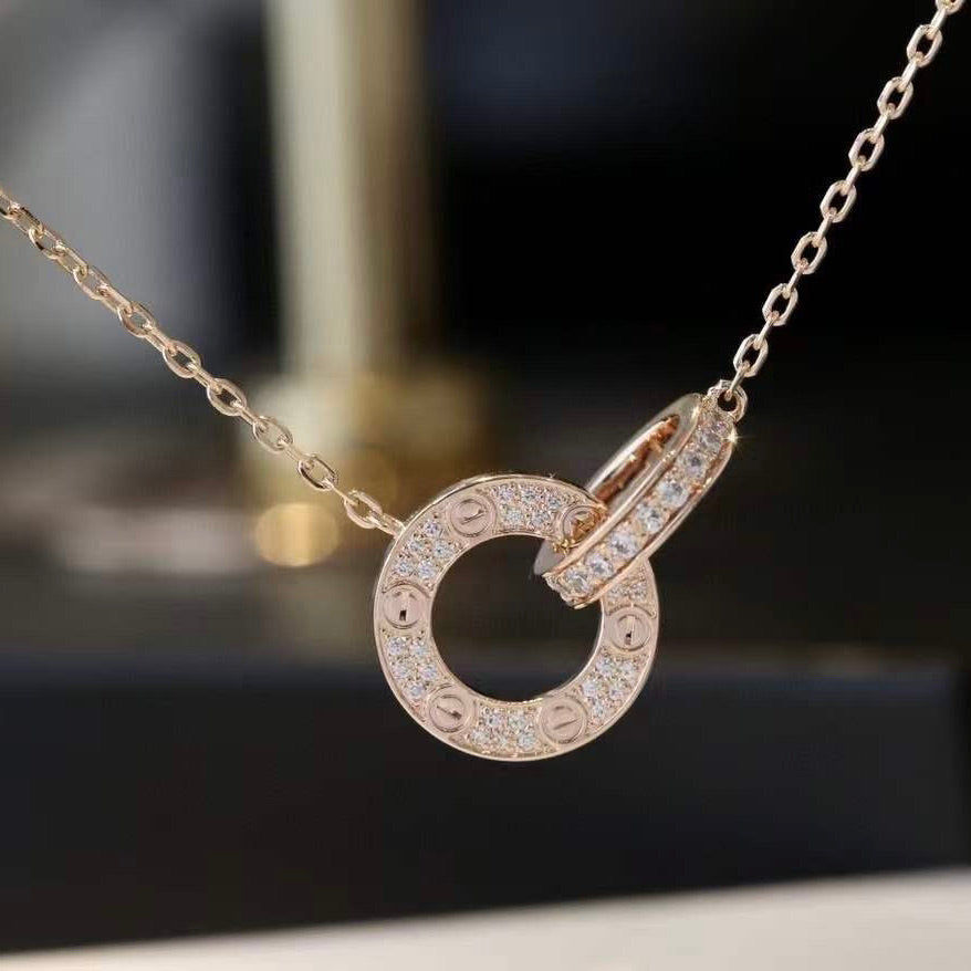 [Super CiCi ]LOVE 7.6MM NECKLACE ROSE GOLD AND SILVER  FULL DIAMOND