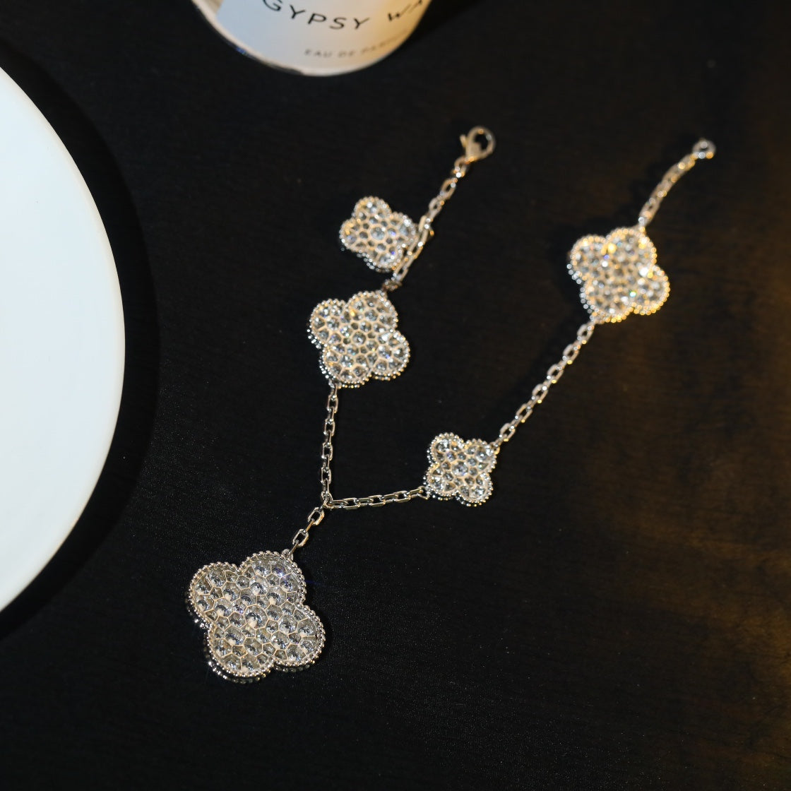 [Super CiCi ]CLOVER BRACELET 5 MOTIF SILVER DIAMOND PAVED