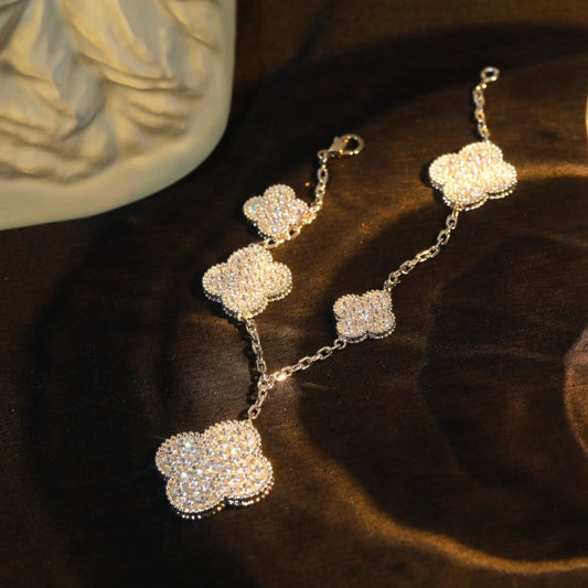 [Super CiCi ]CLOVER BRACELET 5 MOTIF SILVER DIAMOND PAVED