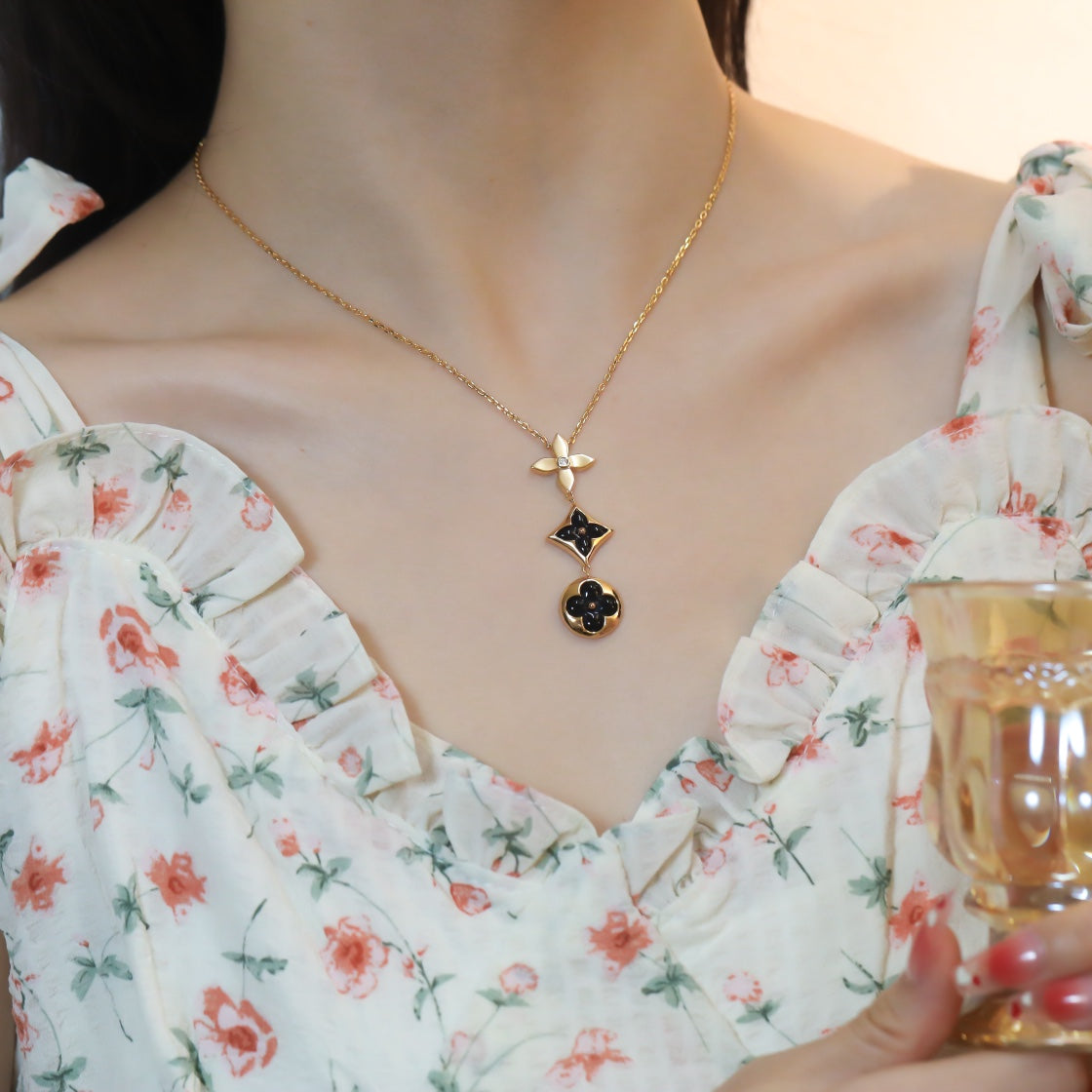 [Super CiCi ]STAR AND SUN ONYX PINK GOLD NECKLACE