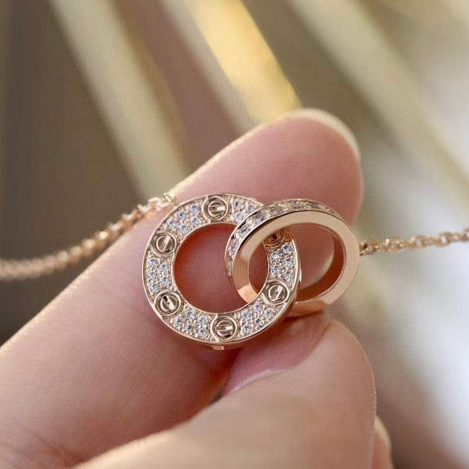 [Super CiCi ]LOVE 7.6MM NECKLACE ROSE GOLD AND SILVER  FULL DIAMOND