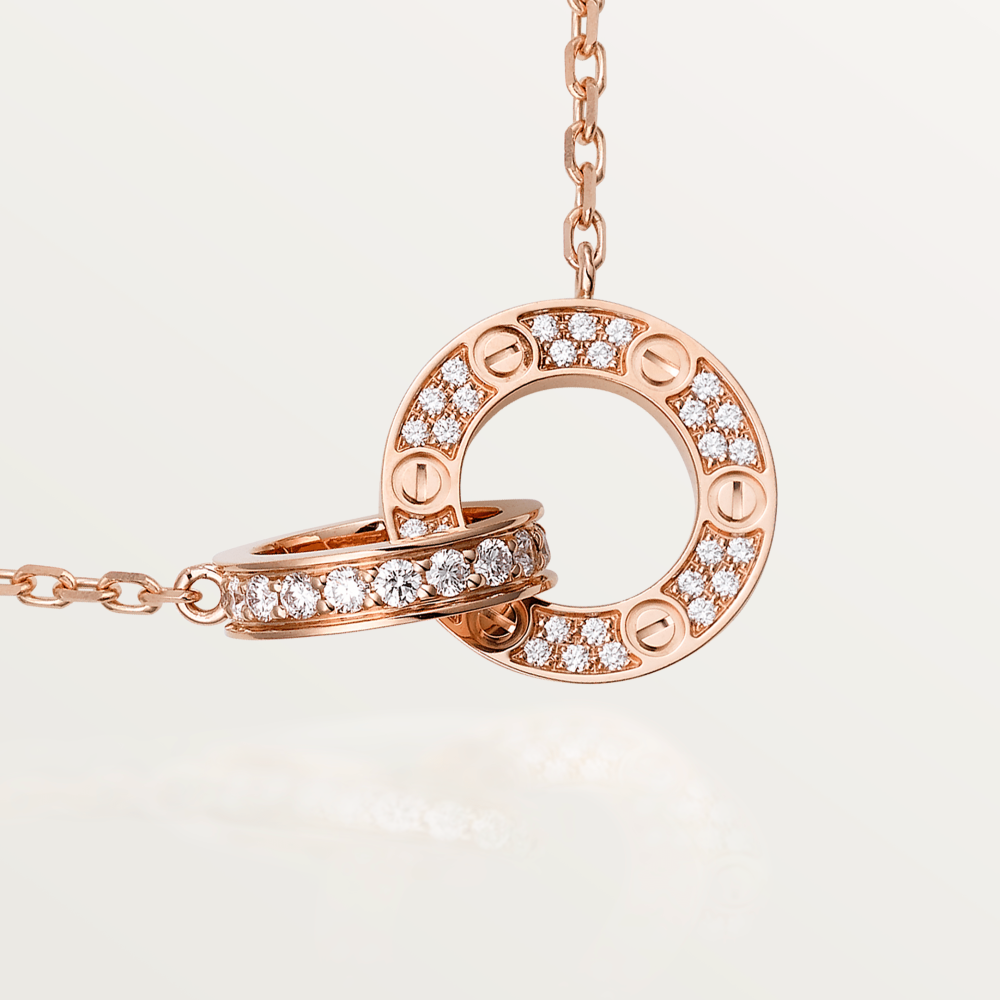 [Super CiCi ]LOVE 7.6MM NECKLACE ROSE GOLD AND SILVER  FULL DIAMOND