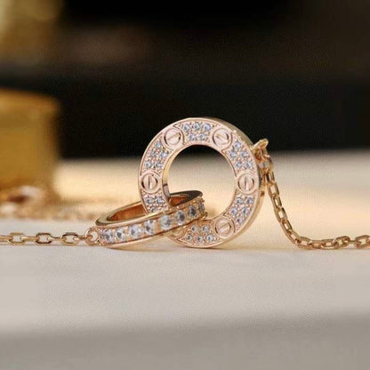 [Super CiCi ]LOVE 7.6MM NECKLACE ROSE GOLD AND SILVER  FULL DIAMOND