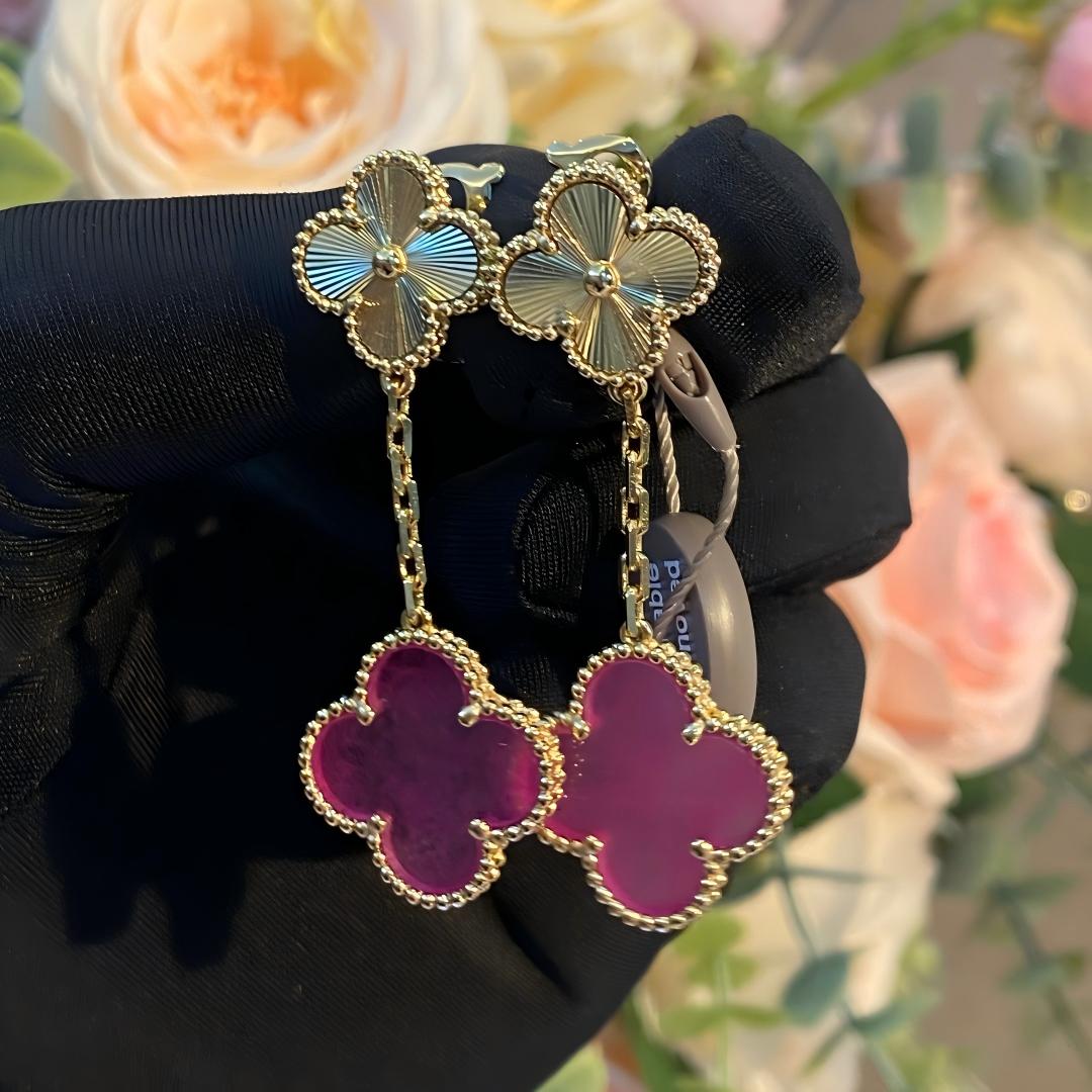 [Super CiCi]NEW CLOVER 2 MOTIF PINK ENAMEL EARRINGS