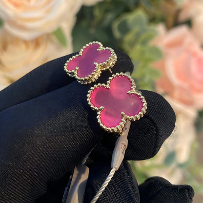 [Super CiCi]NEW CLOVER 15MM PINK ENAMEL STUD EARRINGS