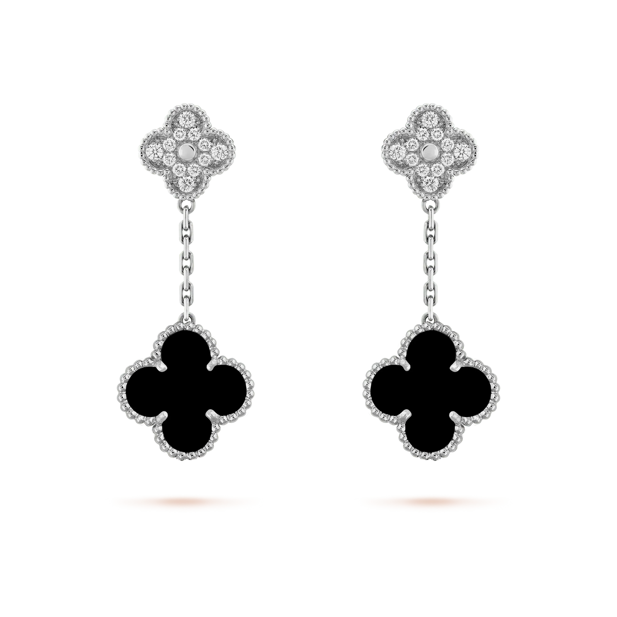 [Super CiCi ]CLOVER 2 MOTIFS  DIAMOND ONYX EARRINGS SILVER