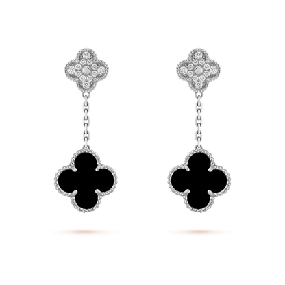 [Super CiCi ]CLOVER 2 MOTIFS  DIAMOND ONYX EARRINGS SILVER