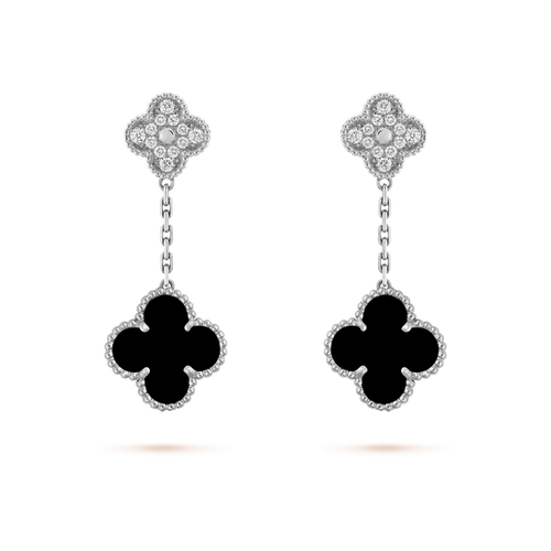 [Super CiCi ]CLOVER 2 MOTIFS  DIAMOND ONYX EARRINGS SILVER