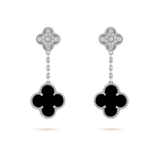 [Super CiCi ]CLOVER 2 MOTIFS  DIAMOND ONYX EARRINGS SILVER