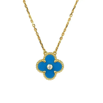 [Super CiCi ]CLOVER 15MM DIAMOND AND BLUE AGATE NECKLACE