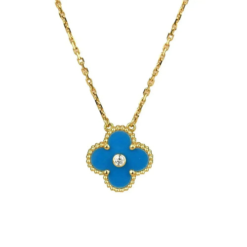 [Super CiCi ]CLOVER 15MM DIAMOND AND BLUE AGATE NECKLACE