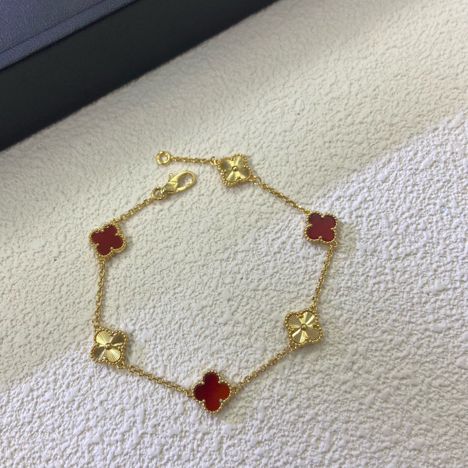 [Super CiCi ]CLOVER 6 MOTIF RED AGATE LASER BRACELET