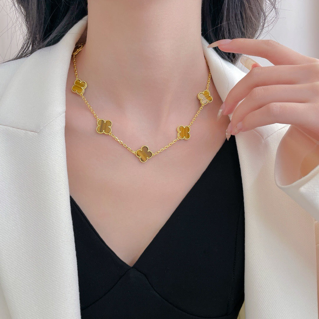 [Super CiCi ]CLOVER 10 MOTIFS TIGER EYE NECKLACE