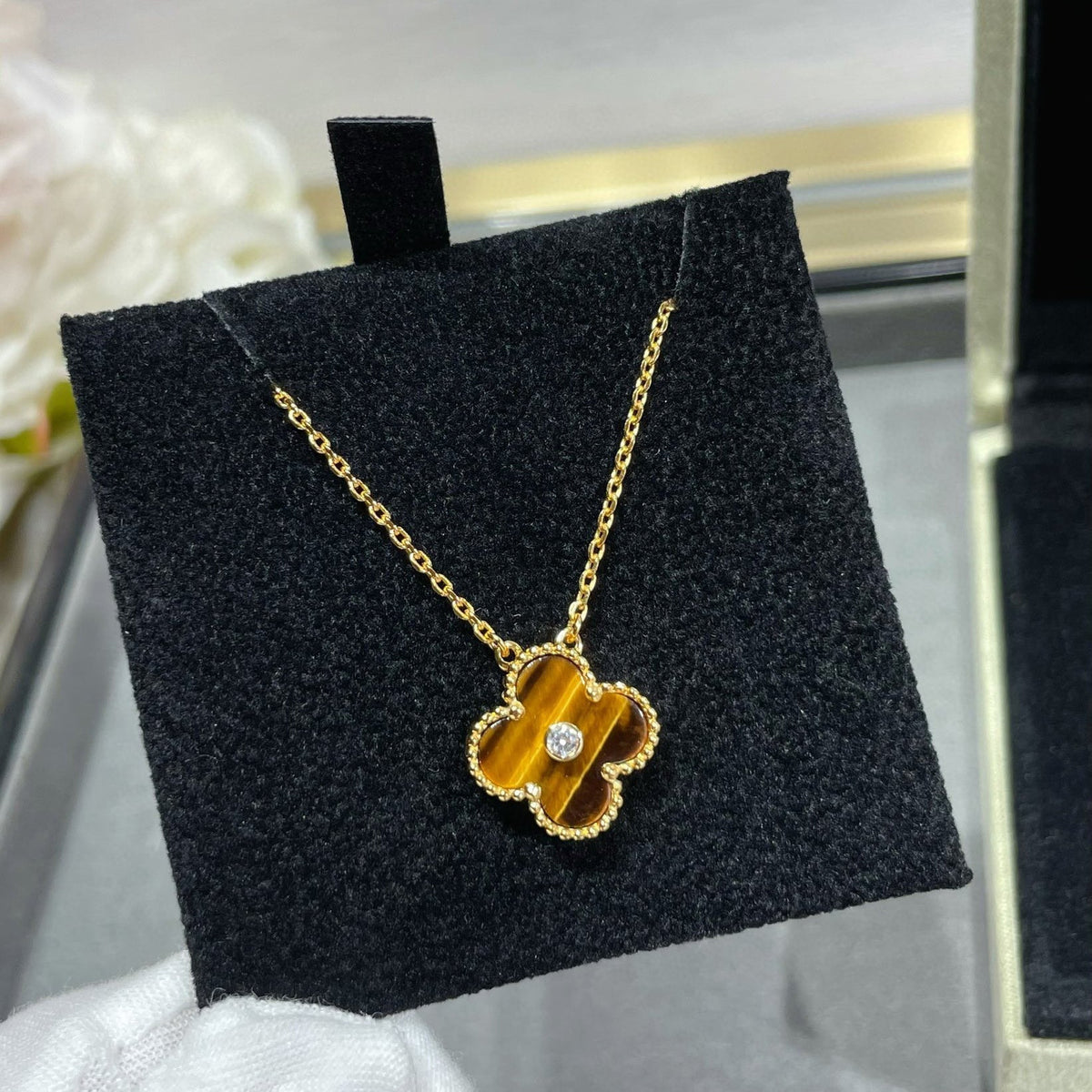 [Super CiCi ]CLOVER 15MM DIAMOND AND YELLOW TIGER'S EYE AGATE necklace