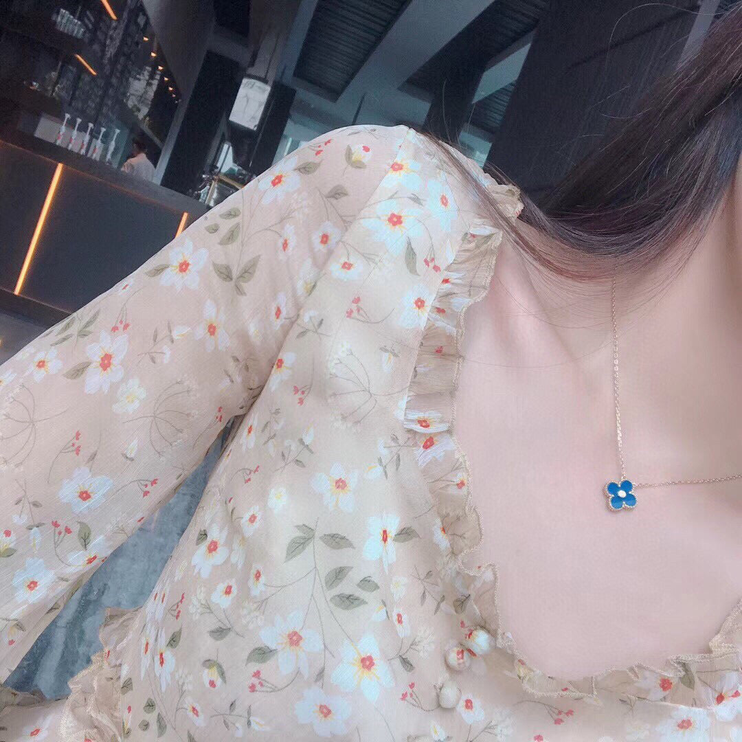 [Super CiCi ]CLOVER 15MM DIAMOND AND BLUE AGATE NECKLACE