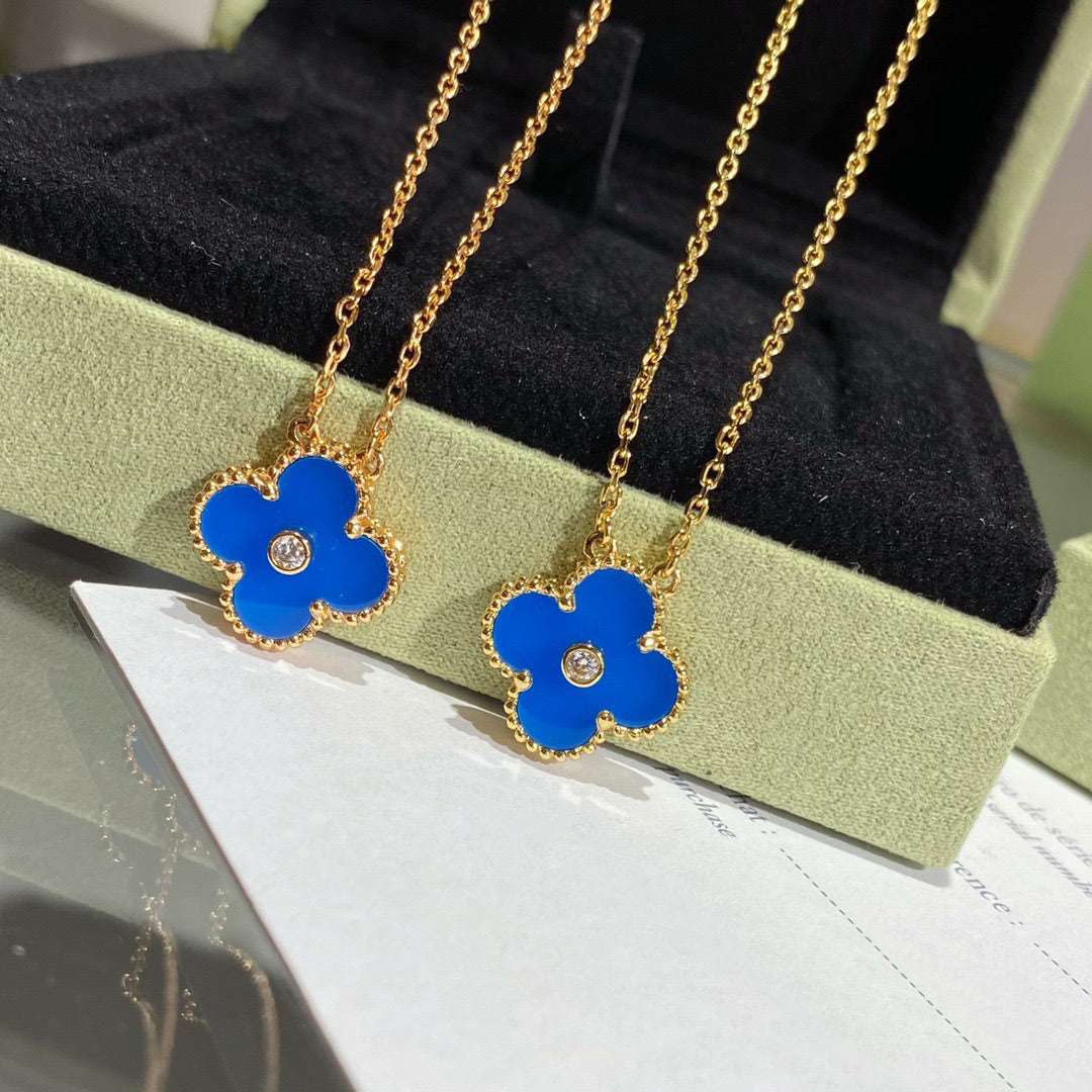 [Super CiCi ]CLOVER 15MM DIAMOND AND BLUE AGATE NECKLACE