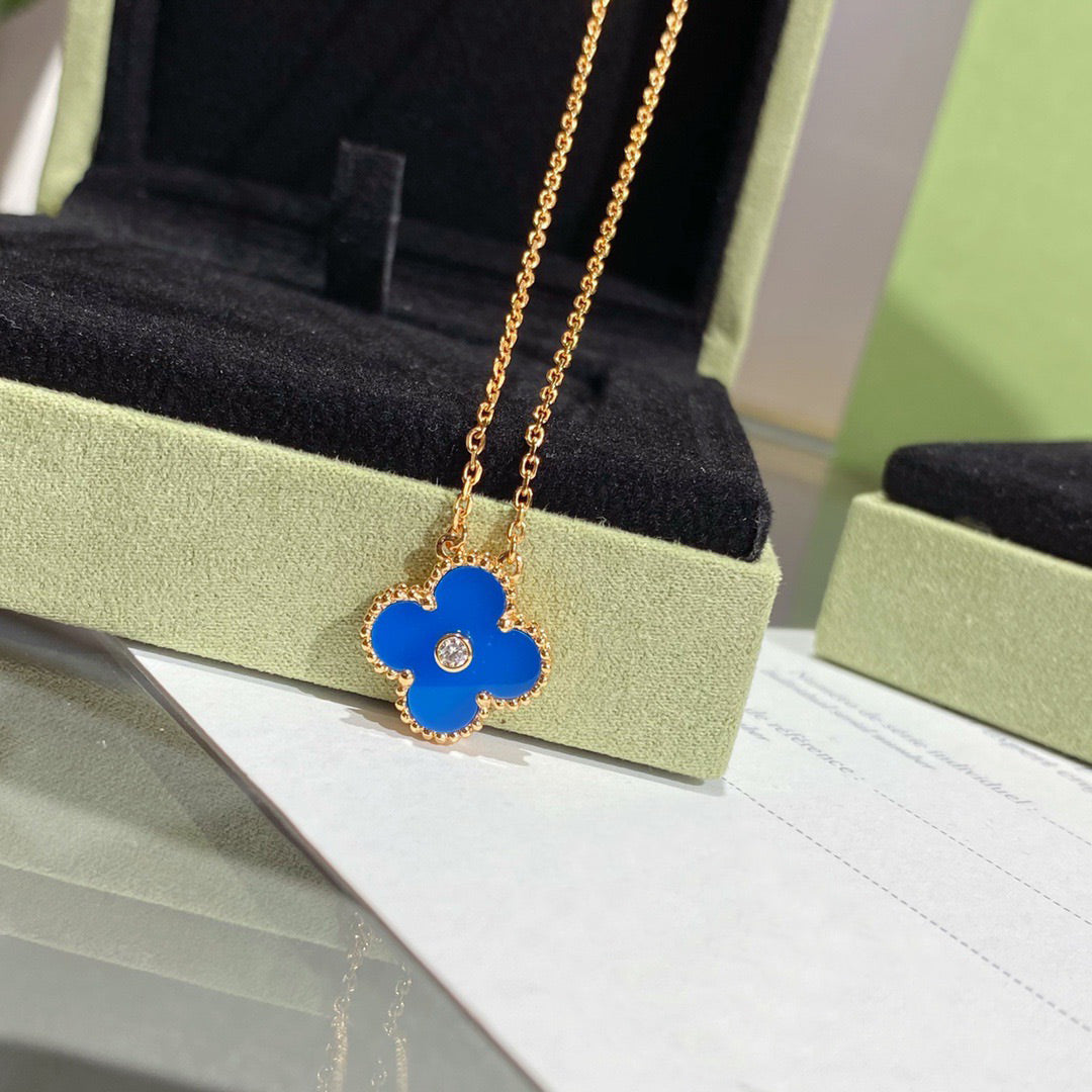 [Super CiCi ]CLOVER 15MM DIAMOND AND BLUE AGATE NECKLACE