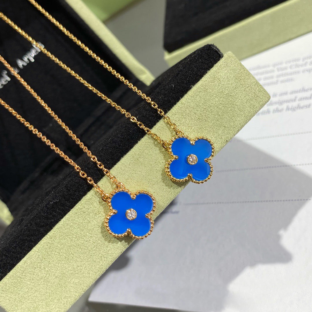 [Super CiCi ]CLOVER 15MM DIAMOND AND BLUE AGATE NECKLACE