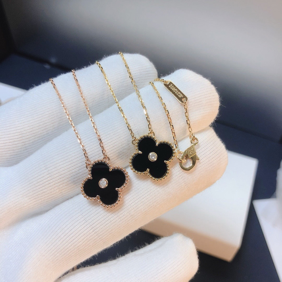[Super CiCi ]CLOVER 15MM DIAMOND ONYX NECKLACE