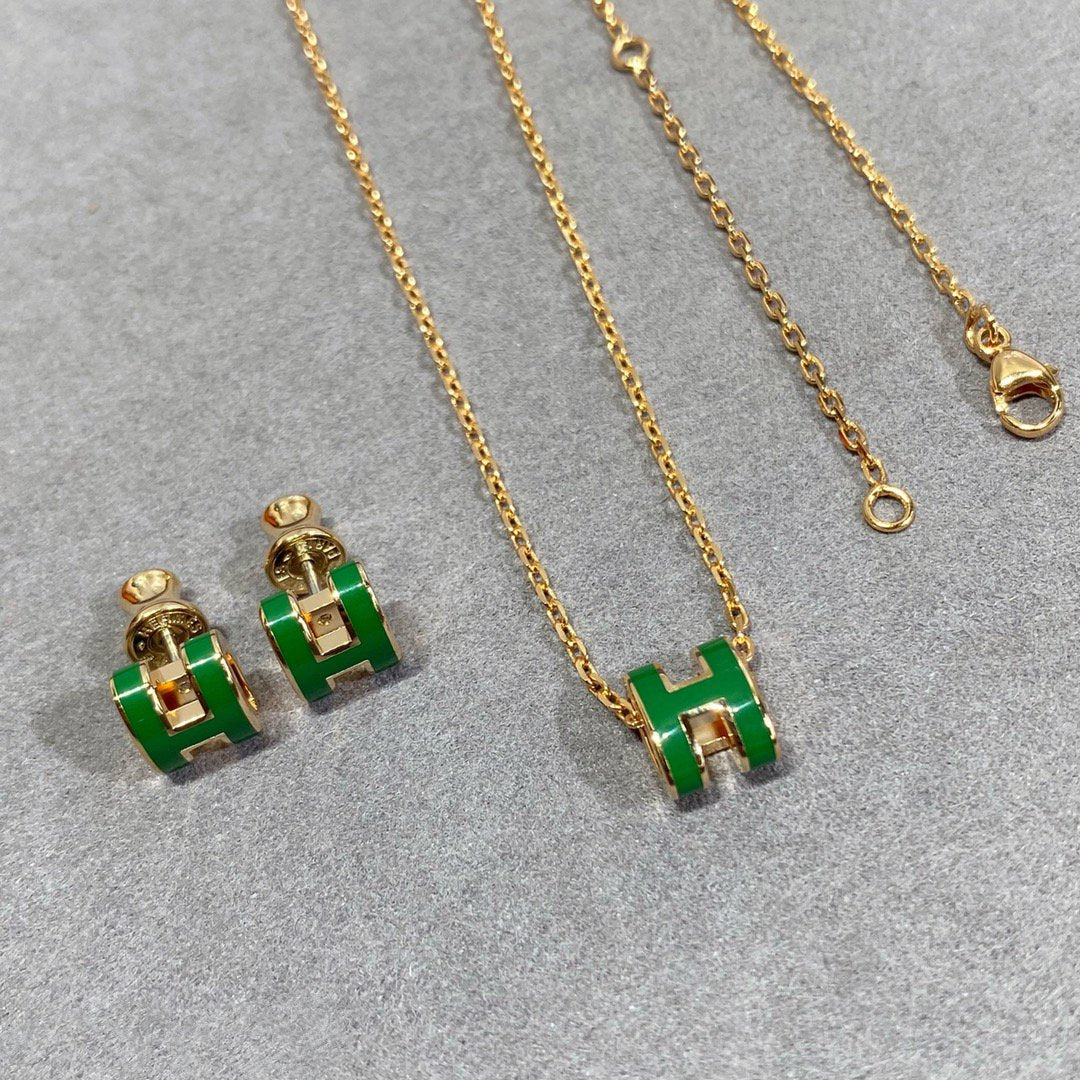 [Super CiCi ]POP H GREEN NECKLACE SILVER AND GOLD