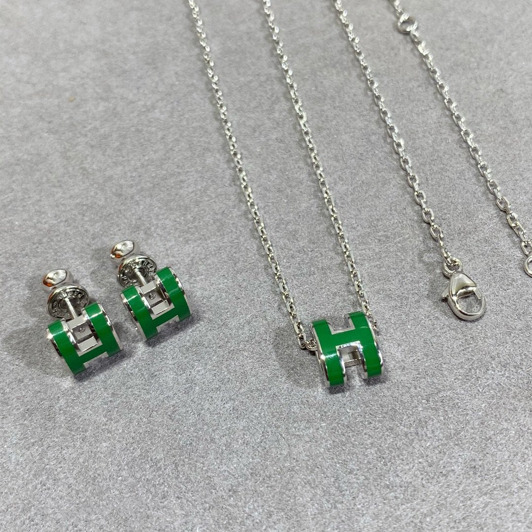 [Super CiCi ]POP H GREEN NECKLACE SILVER AND GOLD