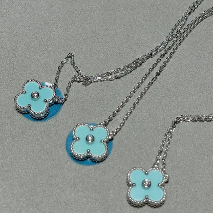 [Super CiCi ]CLOVER 1 DIAMOND LIGHT BLUE SILVER NECKLACE