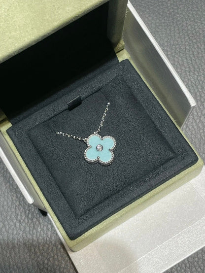 [Super CiCi ]CLOVER 1 DIAMOND LIGHT BLUE SILVER NECKLACE
