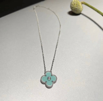 [Super CiCi ]CLOVER 1 DIAMOND LIGHT BLUE SILVER NECKLACE
